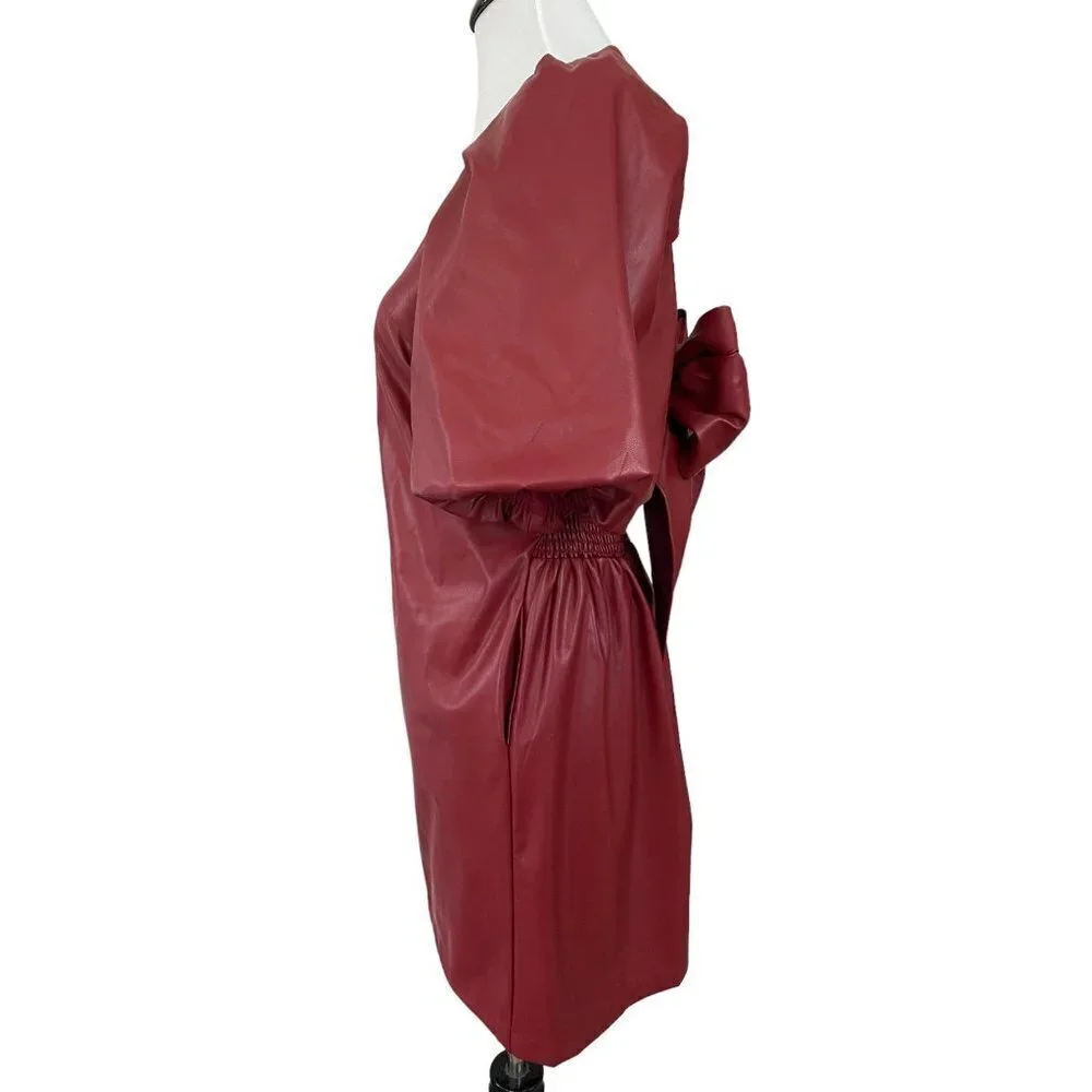 Mare Mare x Anthropologie Red Faux Leather Puff Sleeve Bow Back Dress Medium - Picture 4 of 14